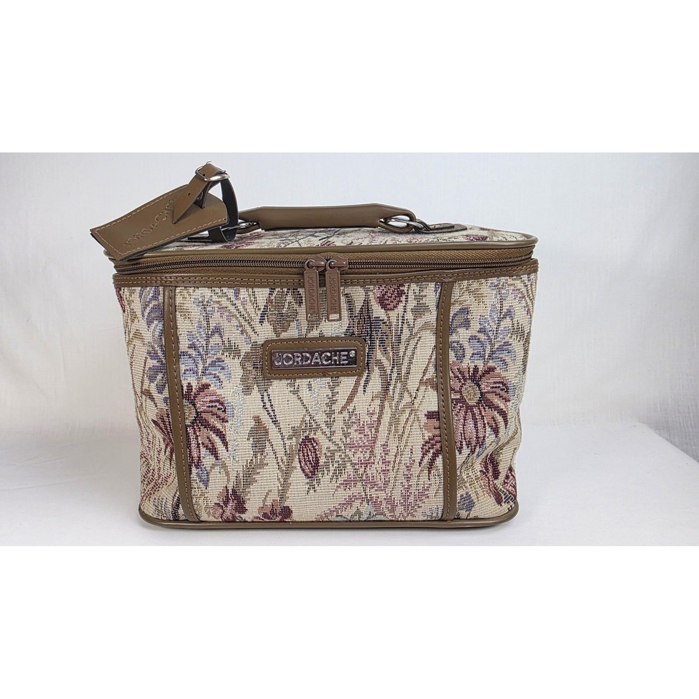 Jordache Train Case Womens Brown Floral Tapestry Makeup Vanity Bag Handle VTG